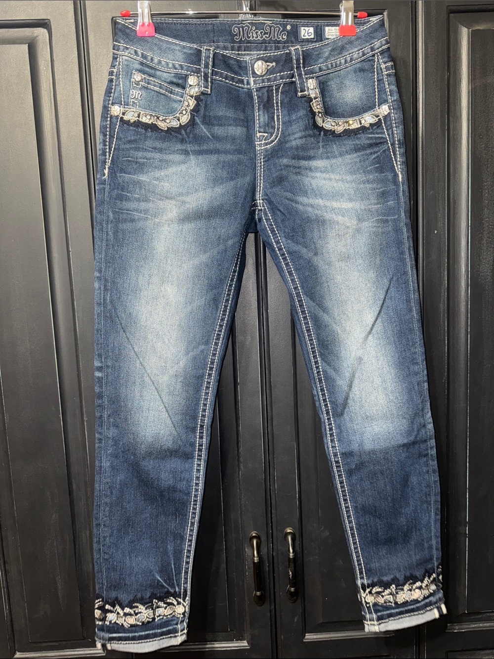 NWOT - Miss Me Dark Blue Embroidered Cropped Jeans